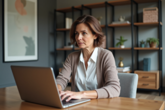 Femme d'âge moyen travaillant sur un ordinateur portable dans un salon moderne