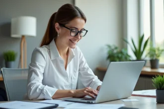 Femme au bureau travaillant sur son ordinateur portable