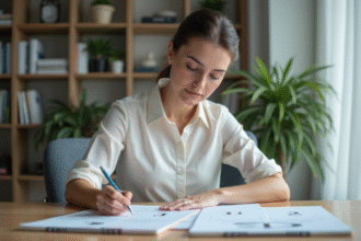 Jeune femme au bureau examinant des dossiers T1 et T2