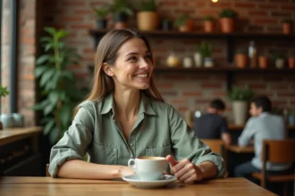 Femme dans un café regardant discrètement quelqu'un hors cadre, signe non verbal d'intérêt secret