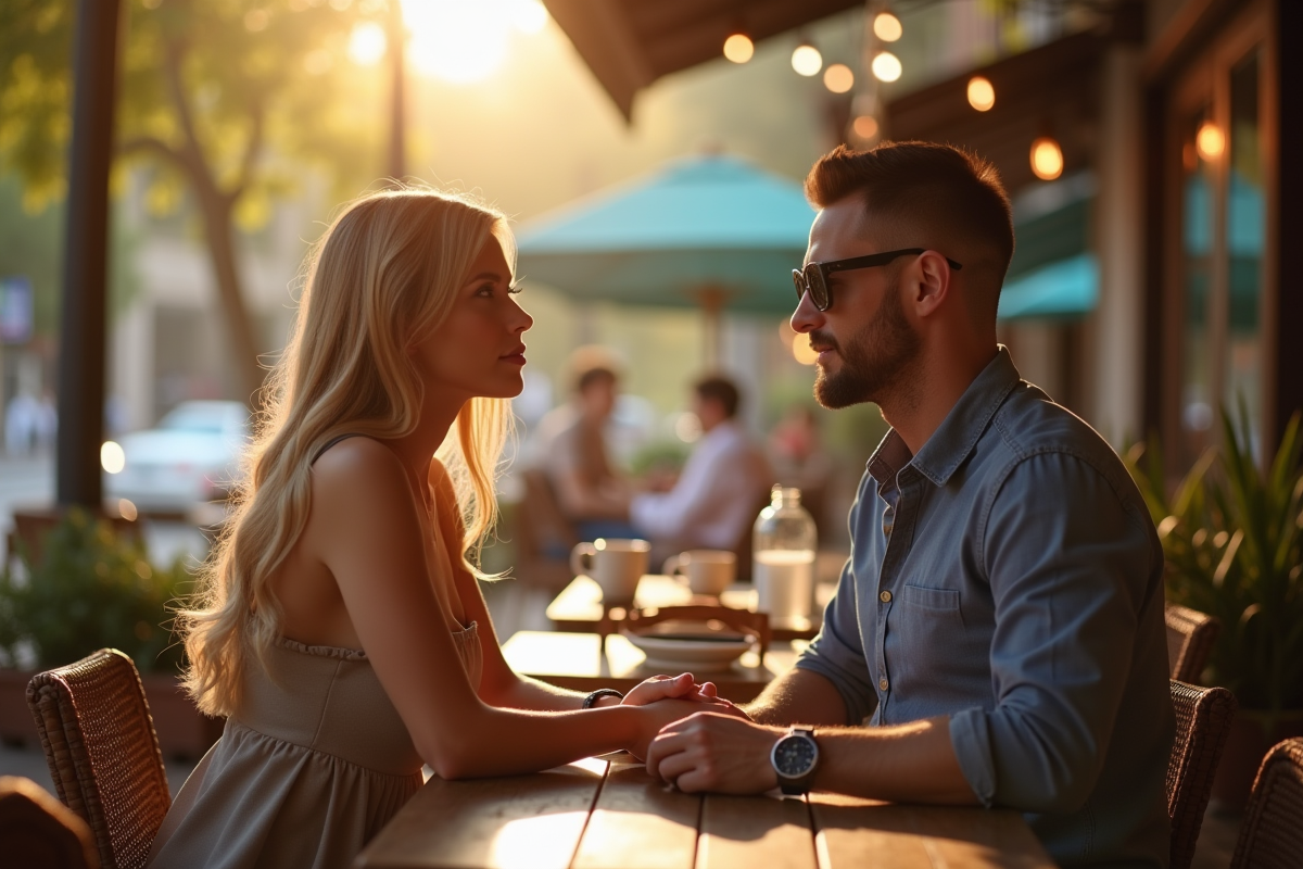 Femme et homme assis au cafe en plein jour