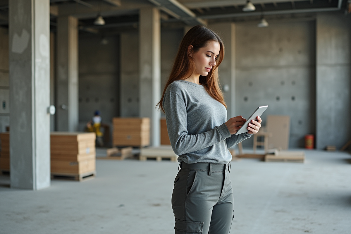 Jeune femme utilisant une tablette sur un site de construction