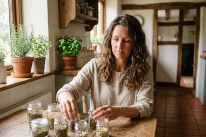 Femme préparant des compléments naturels à base de plantes et graines sur une table en bois rustique dans une cuisine saine