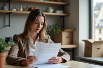 Femme lisant un contrat de location dans un appartement parisien