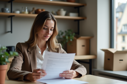 Femme lisant un contrat de location dans un appartement parisien