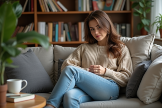 Femme assise sur un canapé dans un salon cosy et lumineux