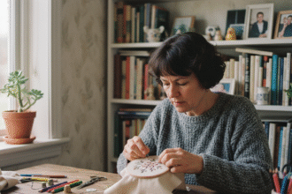 Femme appliquant broderie sur un carnet dans un intérieur cosy