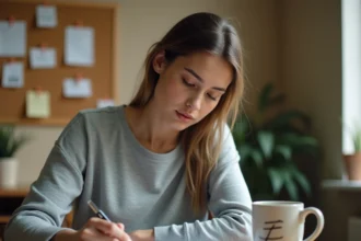 Femme écrivant le symbole environ tilde dans un carnet sur un bureau en bois, environnement bureau à domicile chaleureux