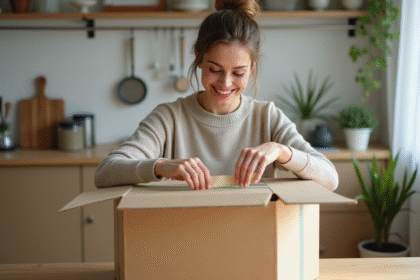 Femme souriante ouvrant un colis dans la cuisine lumineuse