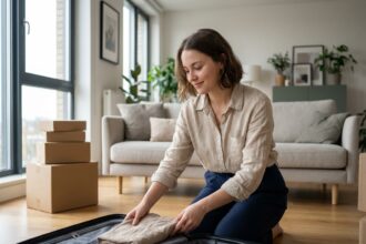 Jeune femme française emballant sa valise dans un appartement moderne