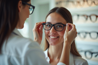 Femme souriante essayant des lunettes avec un opticien dans un magasin lumineux