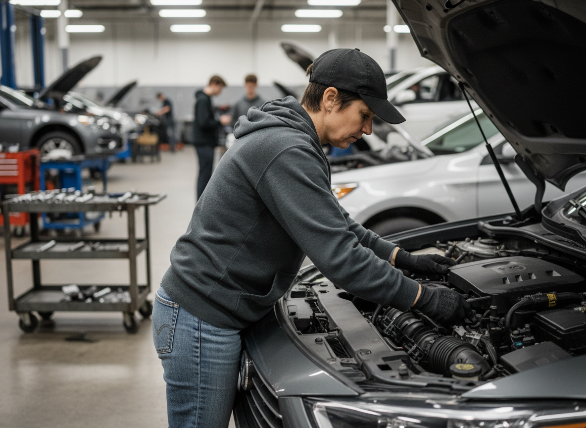 Femme en gants examinant un moteur lors d’un examen pratique