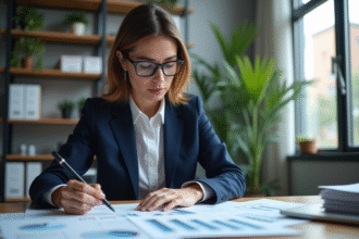 Femme d'affaires étudie des graphiques financiers dans un bureau moderne