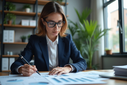 Femme d'affaires étudie des graphiques financiers dans un bureau moderne