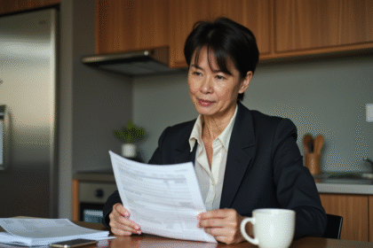 Femme d'âge moyen examine un relevé financier à la maison