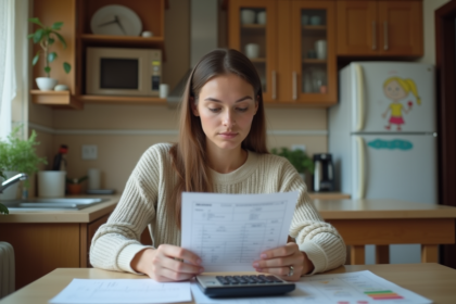 Femme d environ trente ans gérant ses finances à la maison