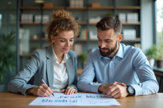 Une femme d'âge moyen et un jeune homme en tenue professionnelle analysent des graphiques financiers