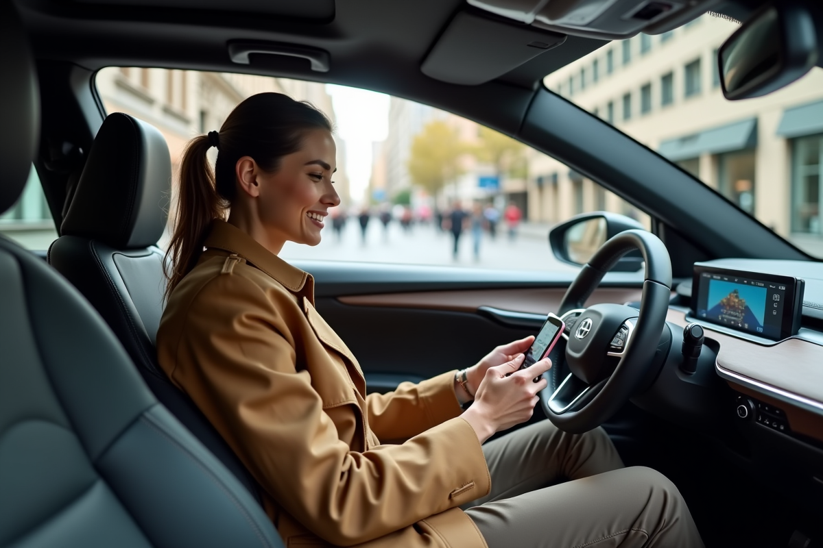 Femme dans une voiture hybride en milieu urbain
