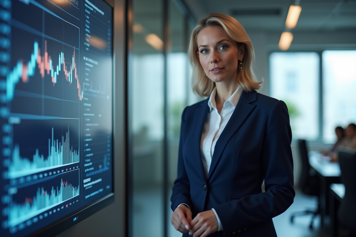 Femme investisseuse présentant des graphiques en entreprise
