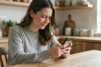 Femme jouant à 4 Images 1 Mot sur smartphone, cherchant un mot de 9 lettres