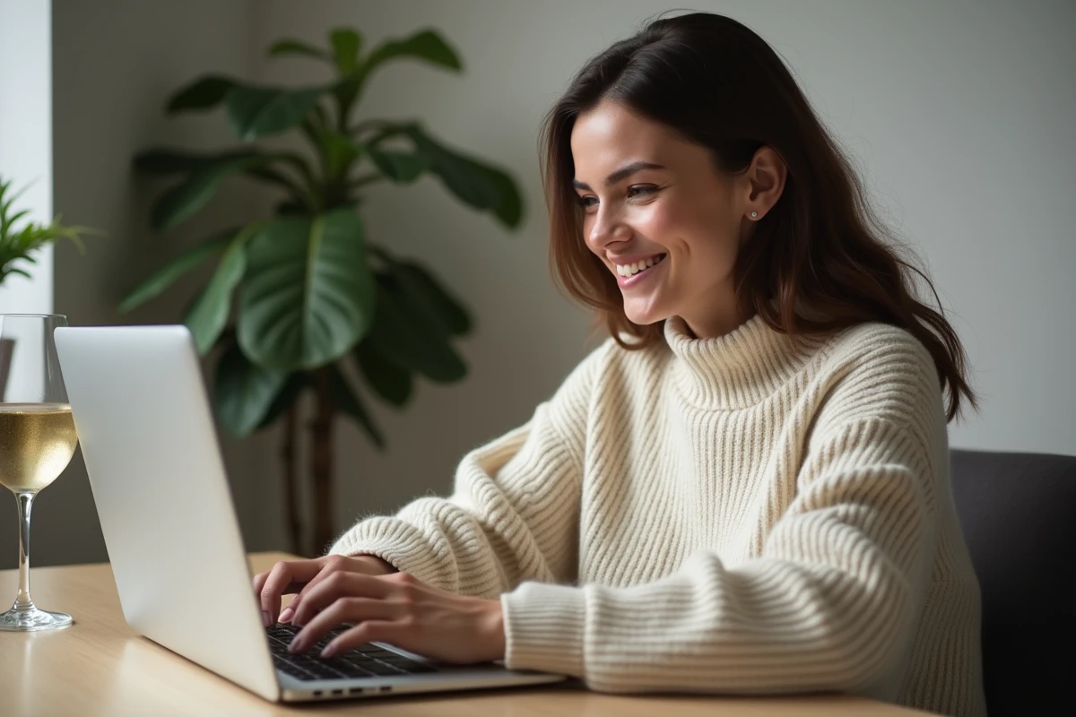 Jeune femme souriante participant à une visio ludique avec le jeu du demi-cercle depuis son domicile