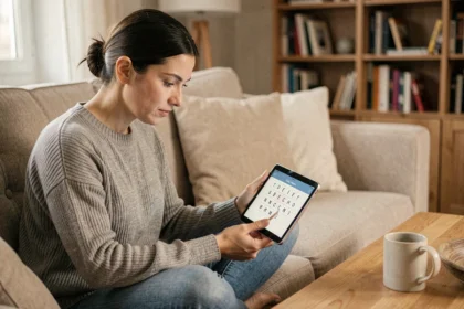 Femme jouant à un jeu de mots de 9 lettres sur tablette dans un salon moderne et confortable