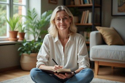 Femme en linen et jeans journalisant chez elle