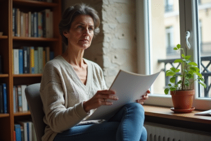 Femme française tenant des documents juridiques dans un appartement