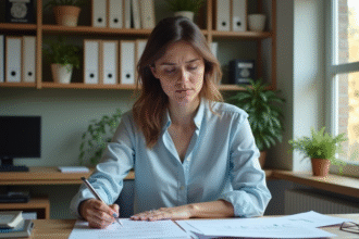 Femme en home office examine documents de mortgage