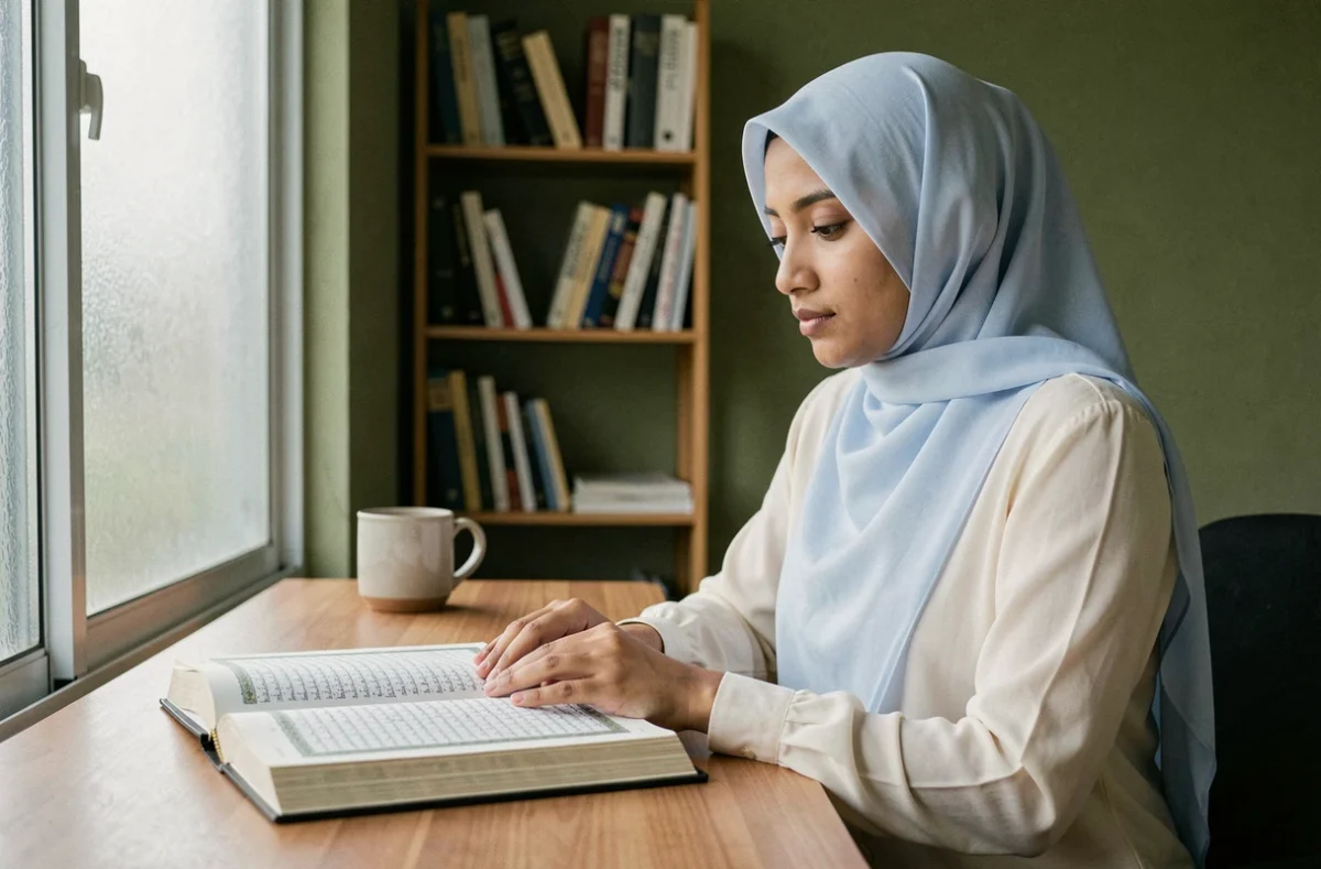 Jeune femme musulmane consultant le Coran visuellement sans le toucher, assise à un bureau dans une pièce calme