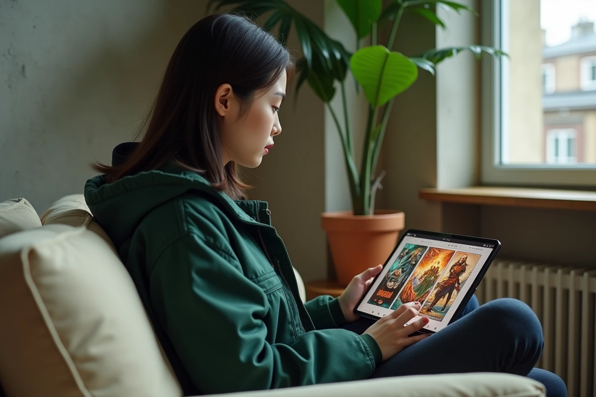 Jeune femme lisant un webtoon manhwa de fantasy sur tablette dans un appartement parisien, illustrant la popularité des manhwas comme I Reincarnated as an SSS-Ranked Goblin