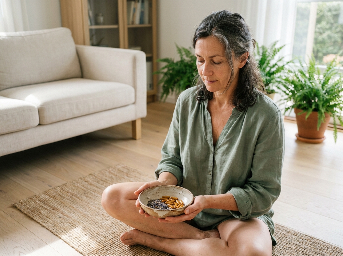 Femme mature en posture de méditation tenant un bol de compléments naturels et fleurs séchées dans un intérieur minimaliste