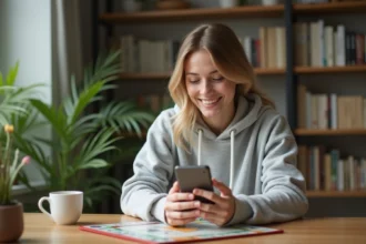 Femme jouant à Monopoly GO sur smartphone avec plateau de jeu en arrière-plan