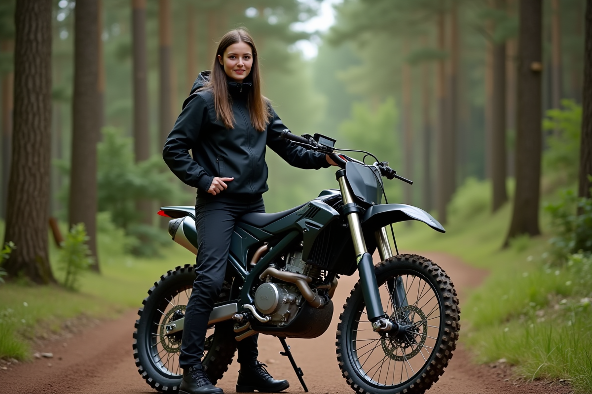 Femme fiere avec son motocross dans la forêt