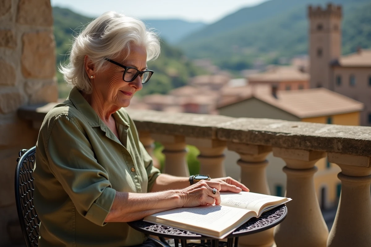 Femme résolvant des mots croisés sur un balcon avec vue sur une ville italienne en pierre