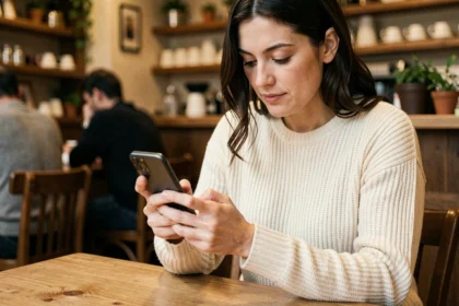 Femme utilisant une application mobile sur smartphone dans un café, navigation fluide et confortable