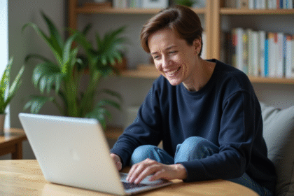 Femme d'âge moyen utilisant son ordinateur portable dans son appartement