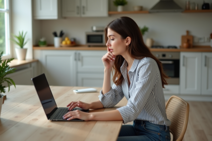 Femme en cuisine compare options d'assurance auto sur son ordinateur