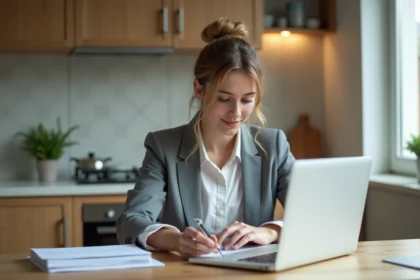 Jeune femme compare options d'assurance auto à la maison