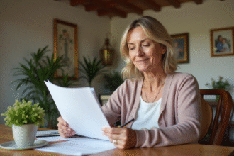 Femme d'âge moyen avec documents dans une maison française