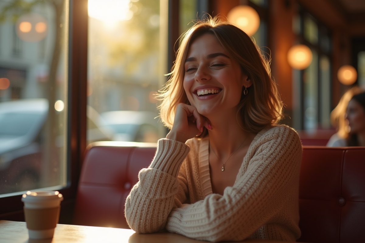 Femme française souriante dans un café parisien en journée