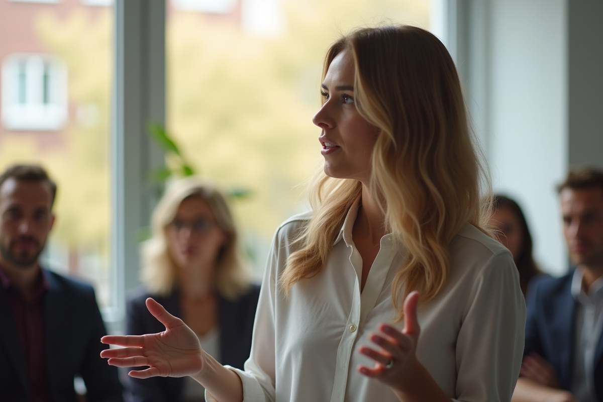 Femme donnant une présentation inspirante à une équipe diverse
