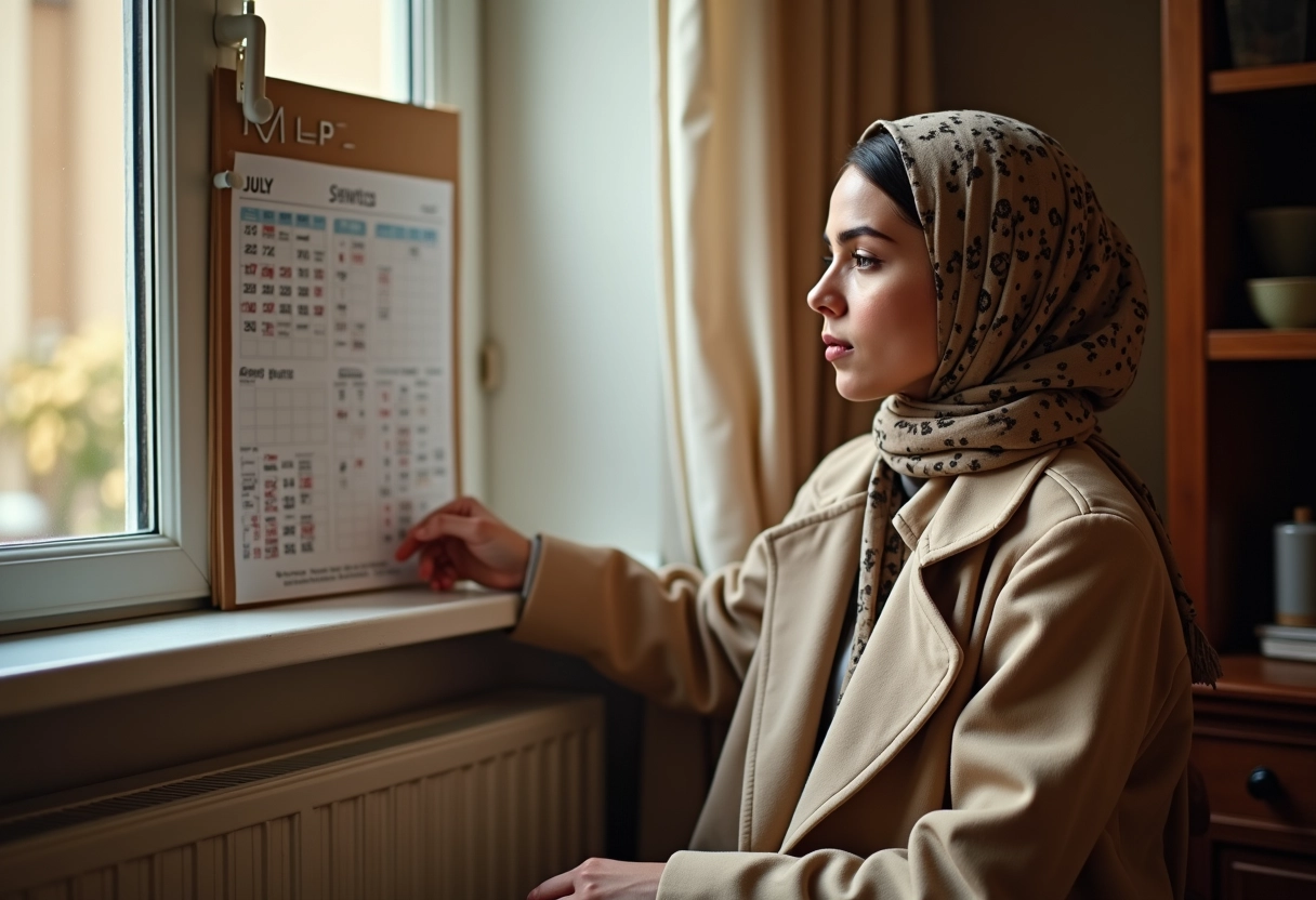 Jeune femme musulmane regardant un calendrier de prières dans son appartement