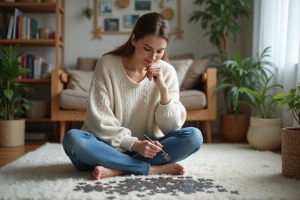 Femme en train de faire un puzzle dans un salon cosy