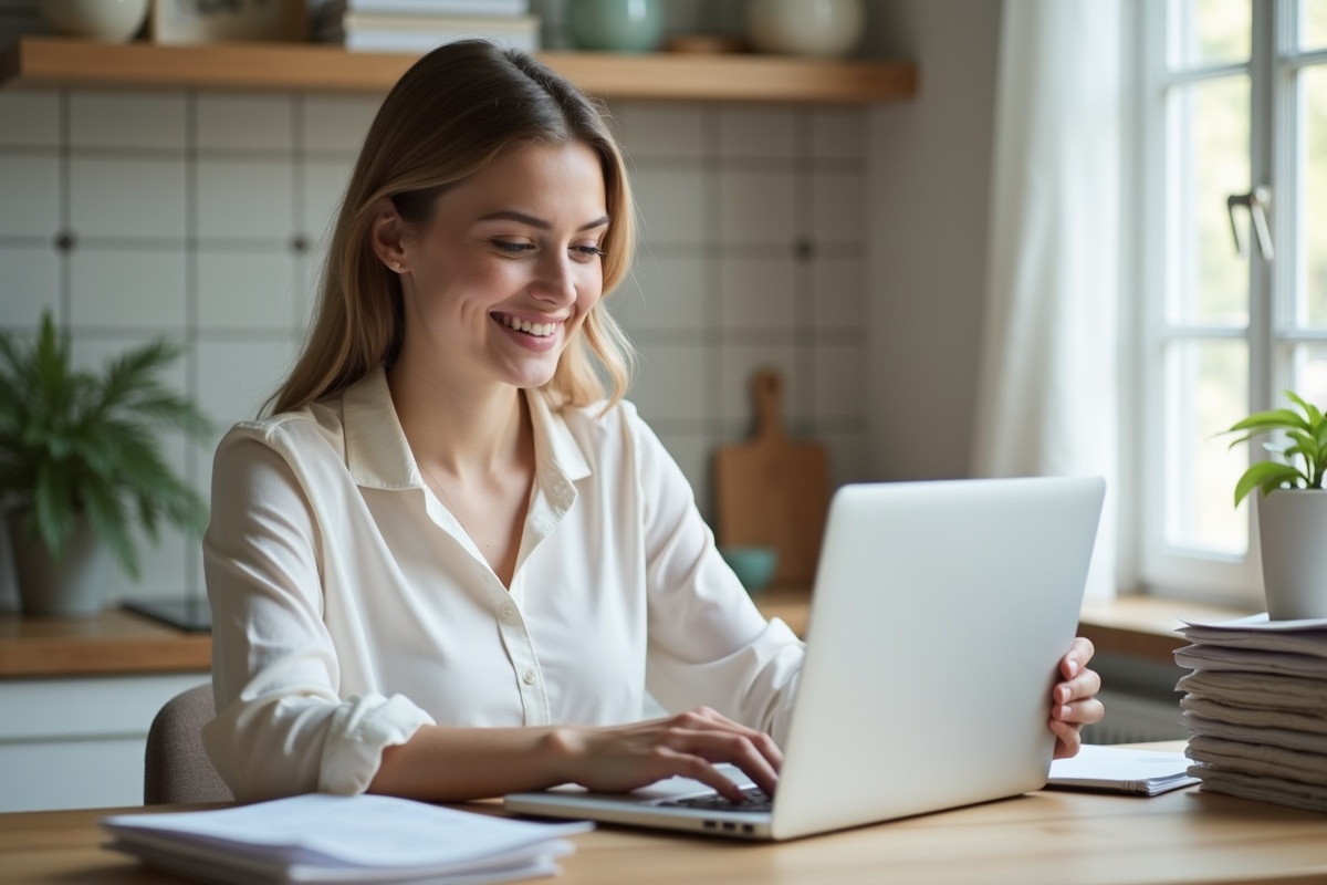 Jeune femme souriante avec document légal et ordinateur portable