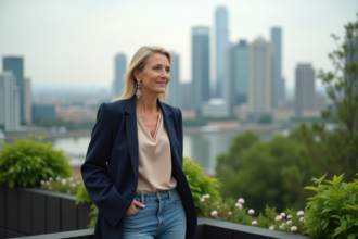 Femme en blazer sur un rooftop urbain avec jardin