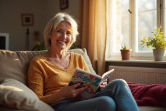 Femme assise sur son canapé avec Télé Z et télécommande