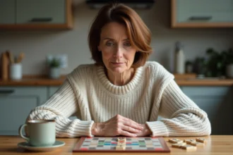 Femme d'âge moyen jouant au Scrabble dans la cuisine