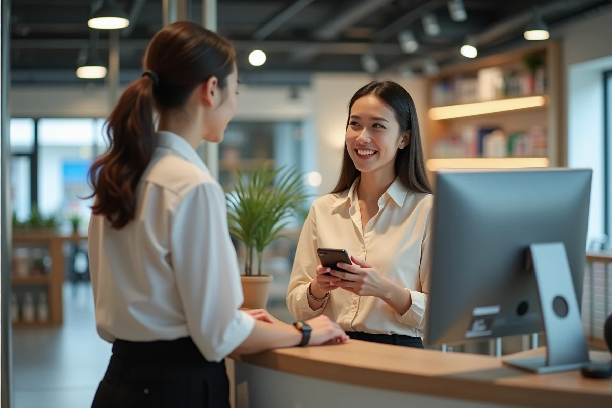 Jeune femme au comptoir de service client en magasin