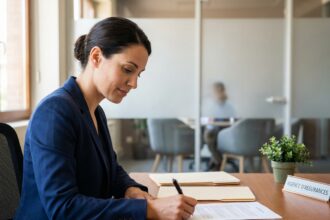 Femme signant un document d'assurance provisoire dans un bureau moderne